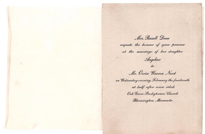 Wedding invitation, Orrin Nord and Angeline Dean 