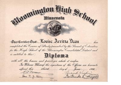 Bloomington HS diploma 1938