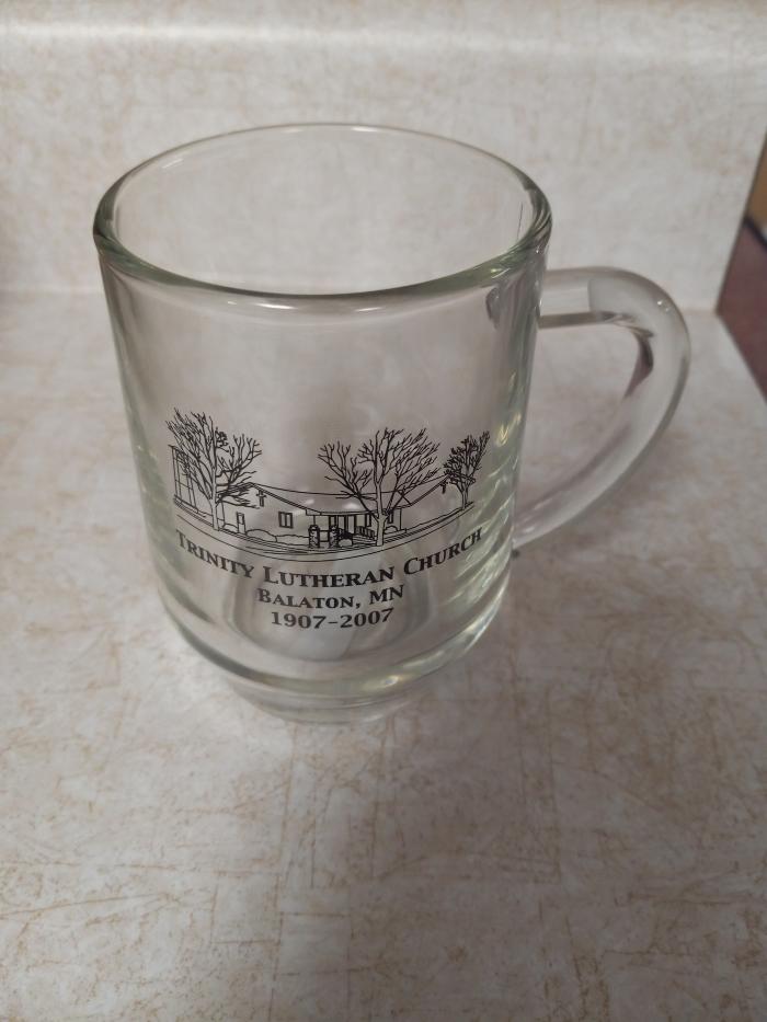 Trinity Lutheran Church glass anniversary mug.