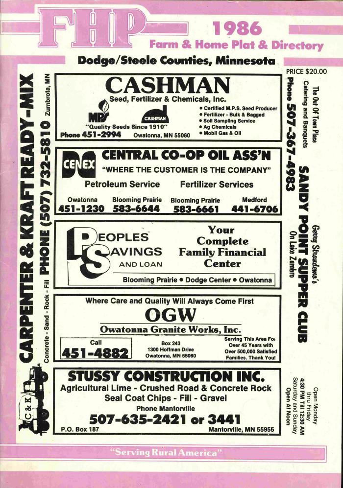 Farm and Home Plat Directory, 1986. For Dodge/Steele Counties. Minnesota