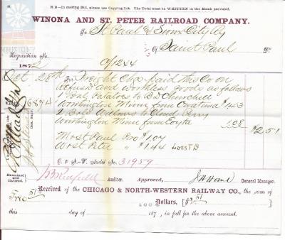 1872 Winona and St. Peter Railroad Company Document