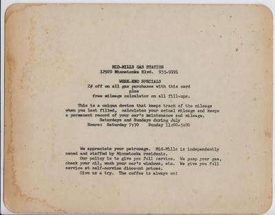 Advertising card from Mid-Mills Gas Station