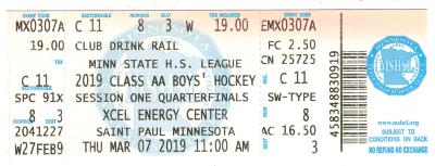Admission ticket for the 2019 Minnesota State High School Class AA Boys' Hockey quarterfinals