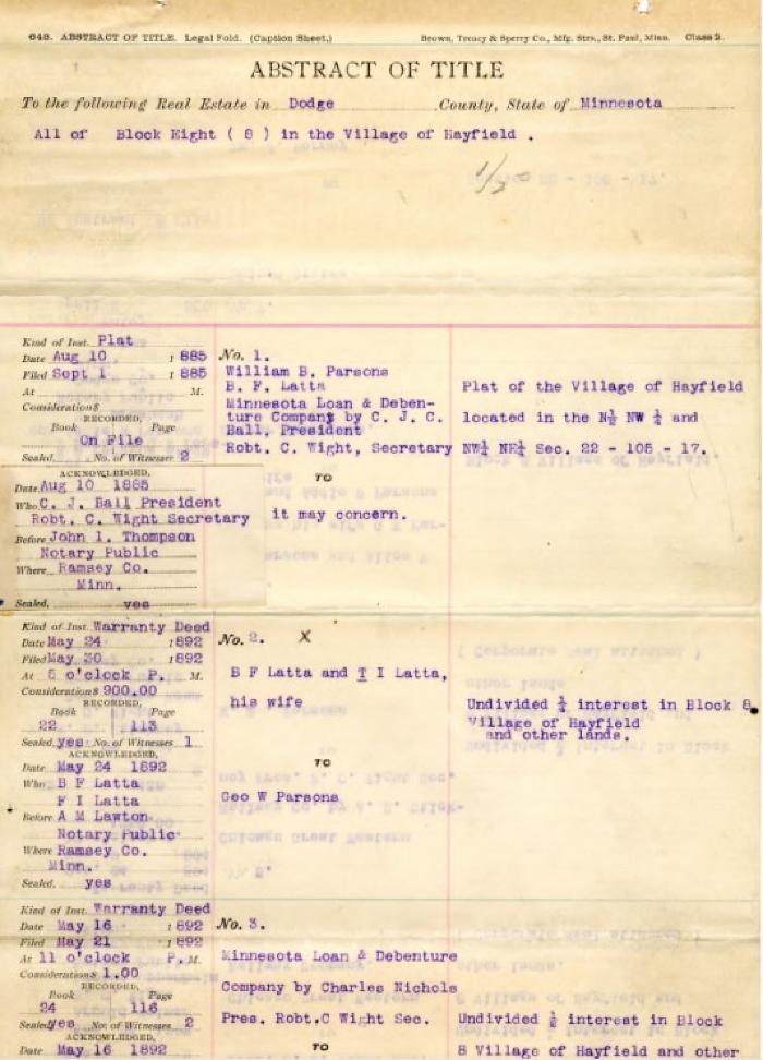 Abstract of title for Block 8 of Hayfield