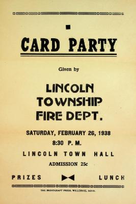 1938 Card Party ad given by the Lincoln Township Fire Department