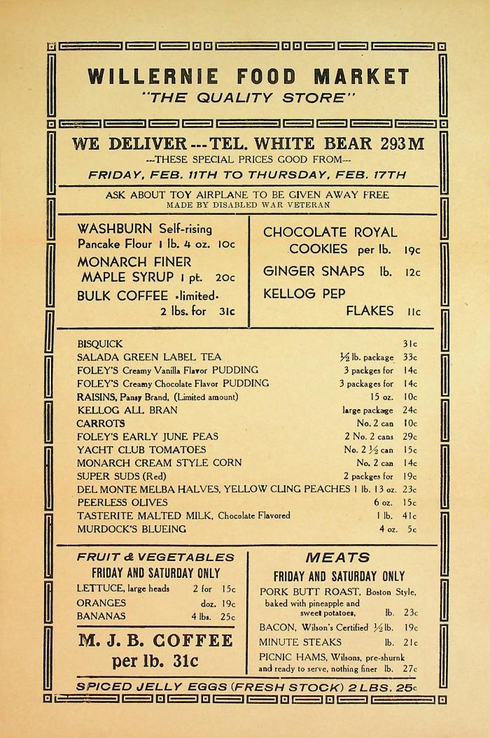 1938 Willernie Food Market Grocery Ad