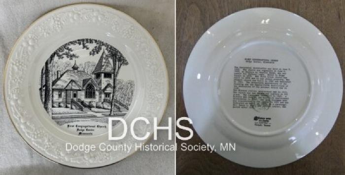 Sourvenir plate with a drawing of the First Congregational Church of Dodge Center