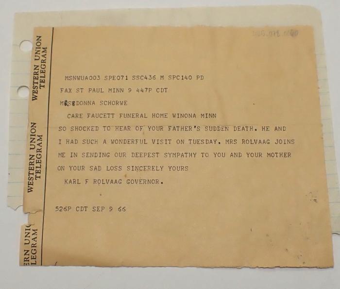 September 1966 Condolence Telegram from Karl Rolvaag