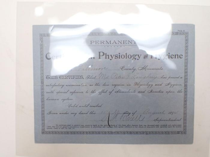 1894 Fillmore County Certificate of Physiology and Hygiene  