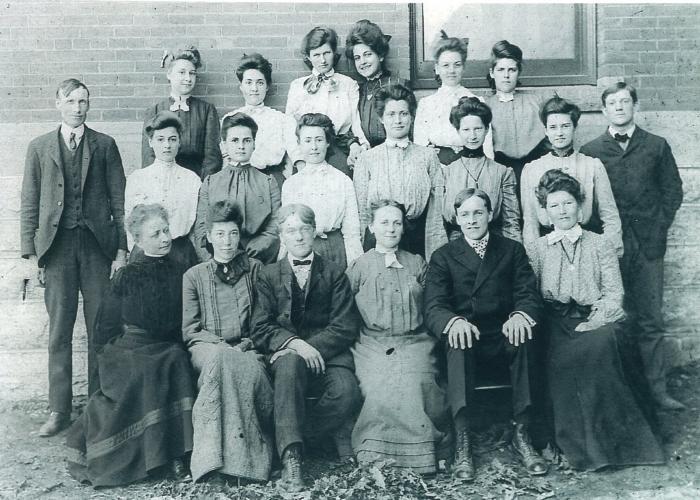Teachers at Washington School including F. F. Farrar (far left) and Miss Abigail Stough (front left)