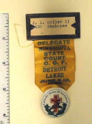 2-1/8" x 4-1/4" Catholic Order of Foresters Minnesota State Delegate Ribbon/Badge - Julius Coller II, Shakopee, 1936