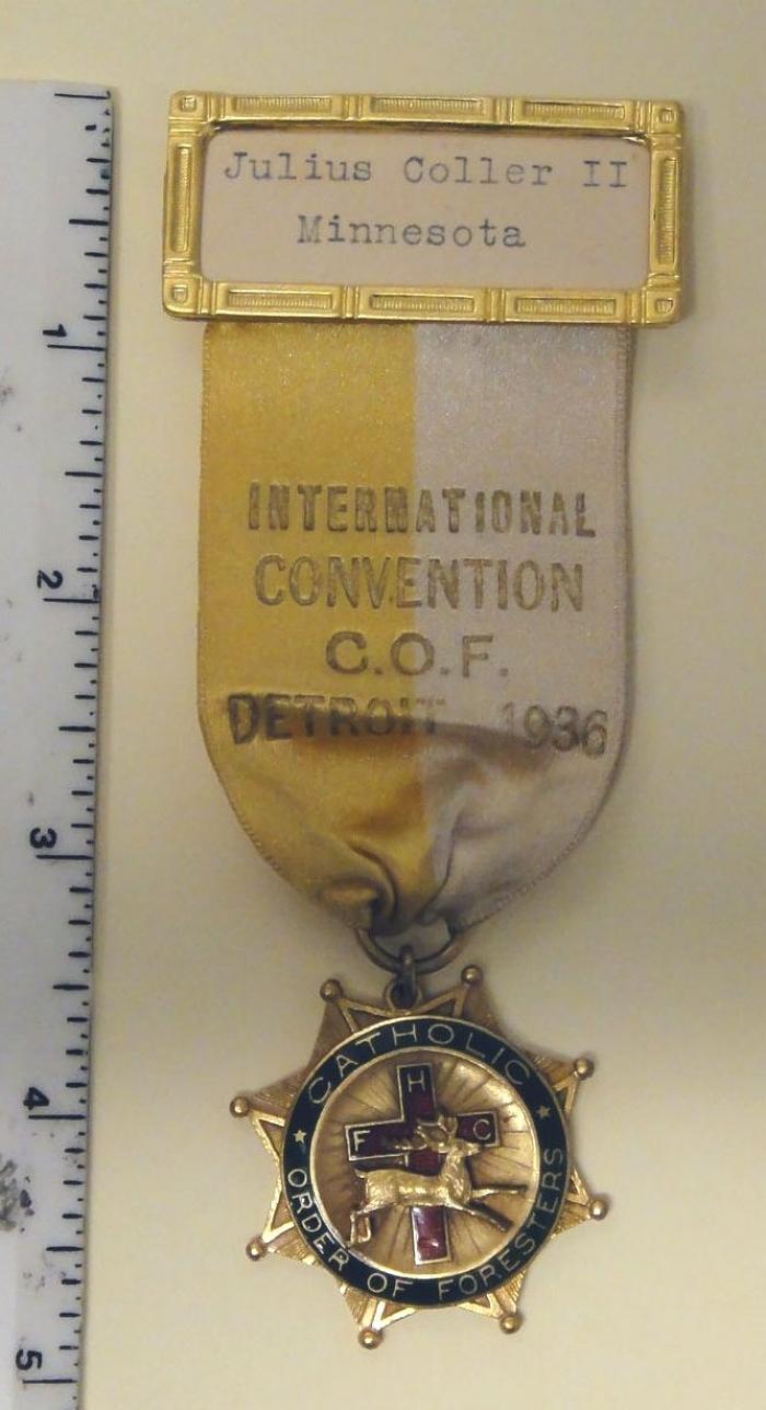 2" x 5" Catholic Order of Foresters International Convention Badge/Ribbon - Julius Coller II, Shakopee, 1936
