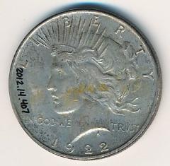 1-1/2" Diameter Silver Embossed "Peace" Coin - Coller Family Collection, Shakopee, 1922