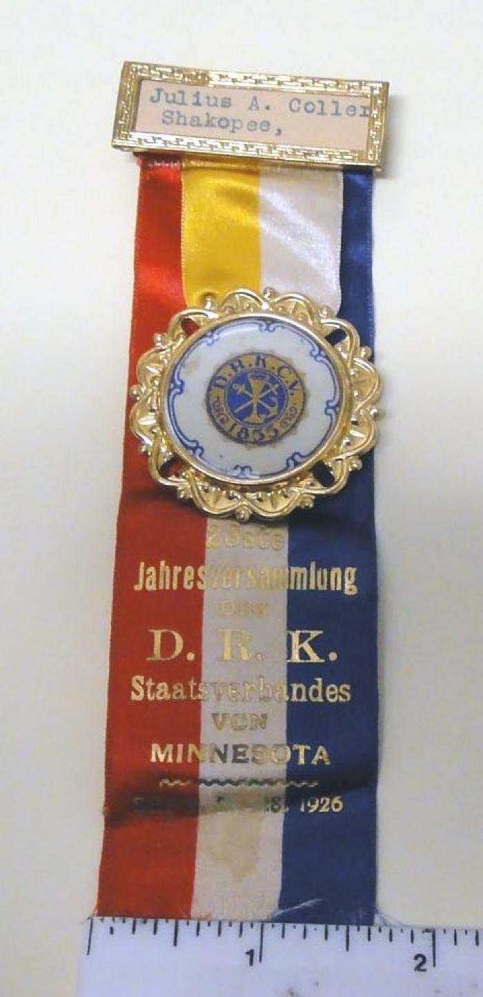 6" x 2" German Fraternal Organization Ribbon Badge - Julius Coller II, Shakopee, 1936