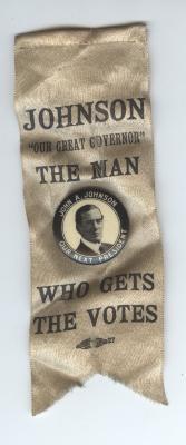 6-1/4" x 2-1/14" Political Badge & Ribbon,,,"John O. Johnson/Our Next President" - 1908