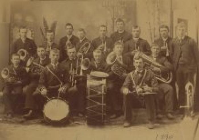 Band Musicians from Nicollet  with their Instruments (brass and drums), ca. 1890