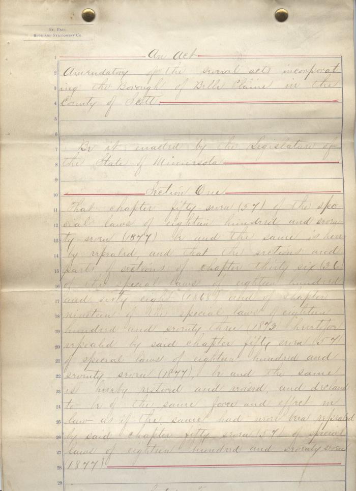 Act by Minnesota Legislators related to the Borough of Belle Plaine, Belle Plaine, 1881