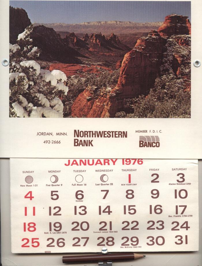 1976 Advertising Calendar - Northwestern Bank, Jordan