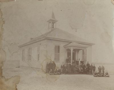 School District 4 schoolhouse and children, Lake Prairie.