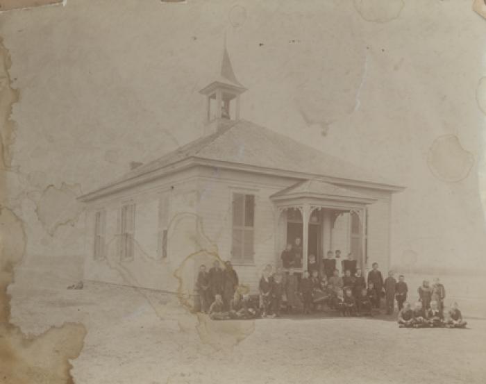 School District 4 schoolhouse and children, Lake Prairie.