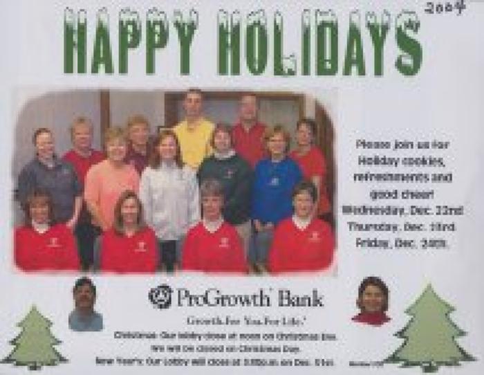 2004 Christmas Greetings Card with 13 Employees of the ProGrowth Bank of Nicollet, MN