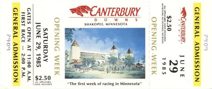 Canterbury Downs General Admission Ticket, shakopee, 1985
