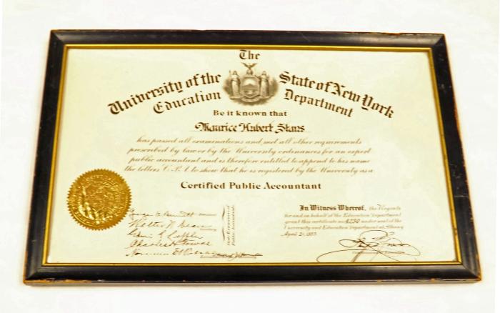 Certified Public Accountant Certificate from University of the State of New York, New York, 1933
