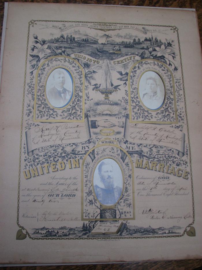 Kittel H. Braaten & Gunhild T. Ordalen's Marriage Certificate with photos.
