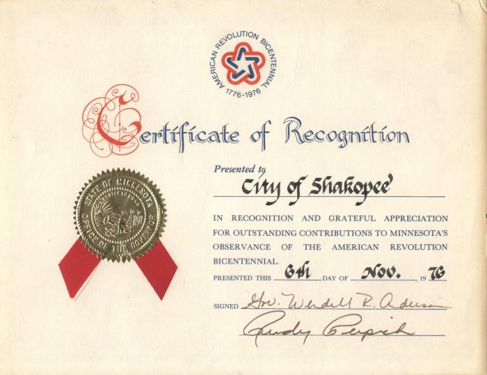 Ceritificate of Recognition to City of Shakopee from Minnesota Governor, Shakopee, 1976