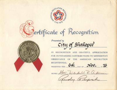 Ceritificate of Recognition to City of Shakopee from Minnesota Governor, Shakopee, 1976