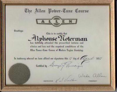 Certificate for Alphonse Noterman from Allen Electric & Equipment Co., Shakopee, 1957
