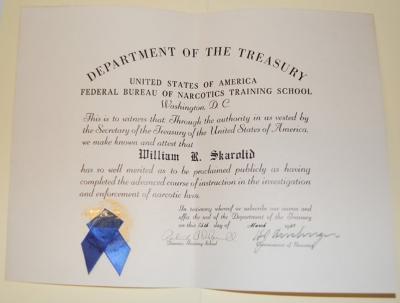 Certificate for Completing Narcotics Training for Willian R. Skarolid