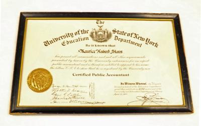 Certified Public Accountant Certificate from University of the State of New York, New York, 1933