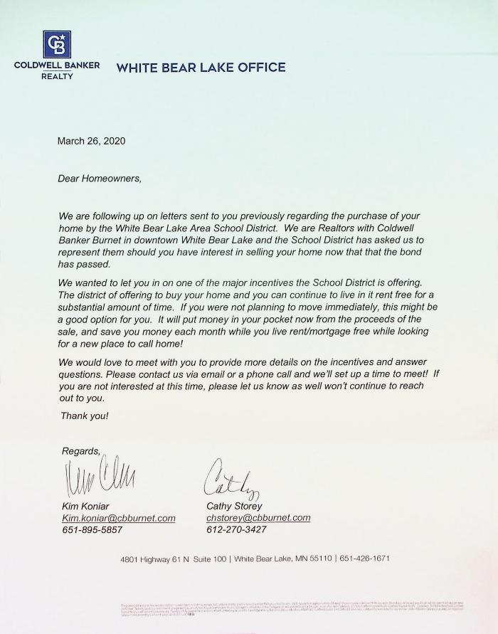 Letter from Coldwell Banker Realty regarding the purchase of homes by the White Bear Lake Area School District