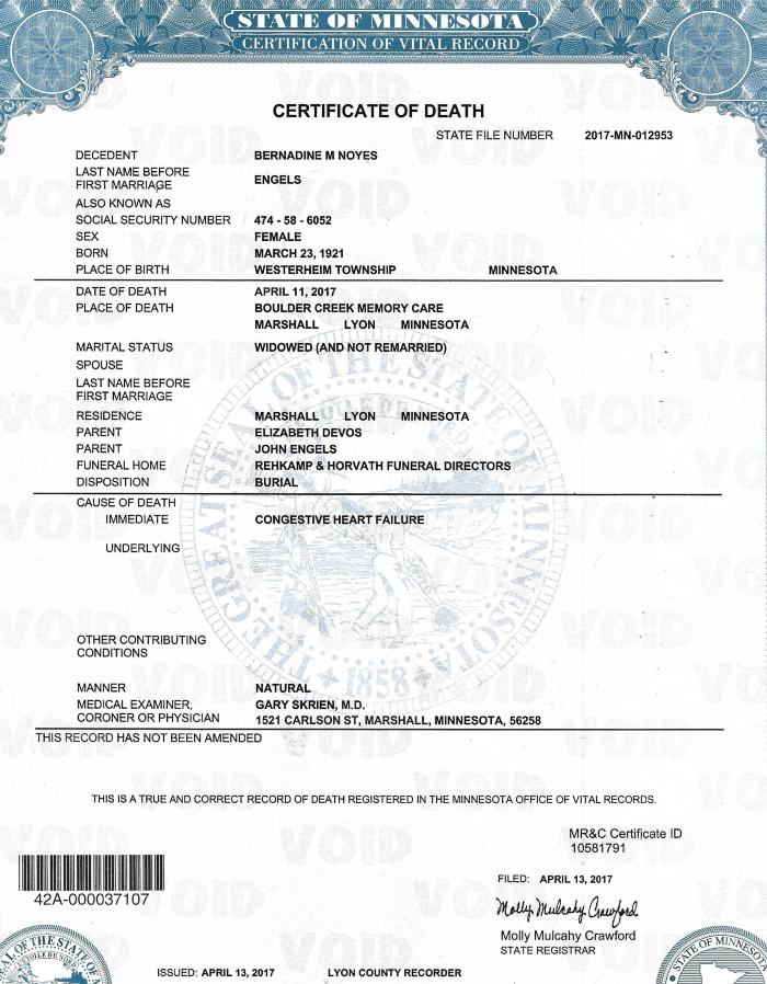 Death Certificate for Bernadine Noyes, March 23, 1921 - April 11, 2017