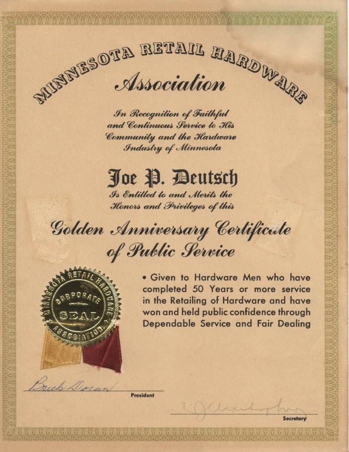 Commemorative Certificate to Joe Duetsch, New Prague, 1945