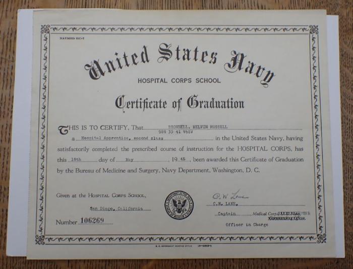 United States Navy Hospital Corps School Certificate of Graduation