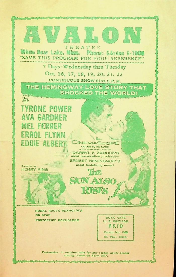 Mailer for the Avalon Theatre advertising the upcoming movies to be shown
