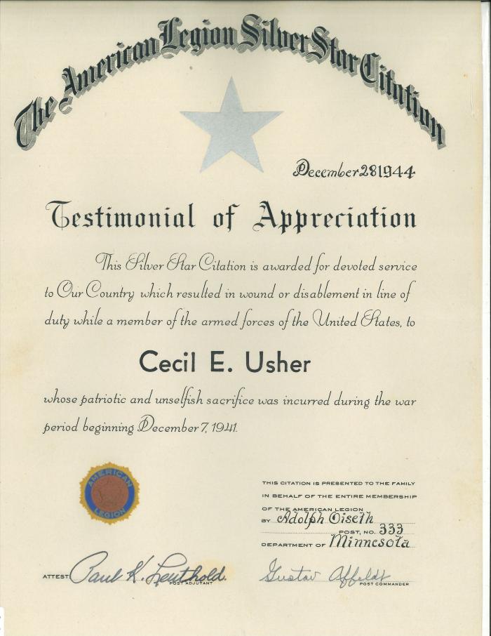 estimonial of Appreciation" issued by the American Legion, Post No. 333 to Cecil E. Usher.