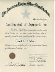estimonial of Appreciation" issued by the American Legion, Post No. 333 to Cecil E. Usher.