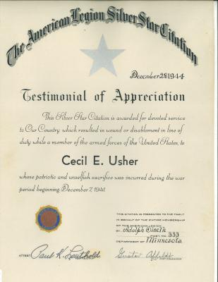 estimonial of Appreciation" issued by the American Legion, Post No. 333 to Cecil E. Usher.