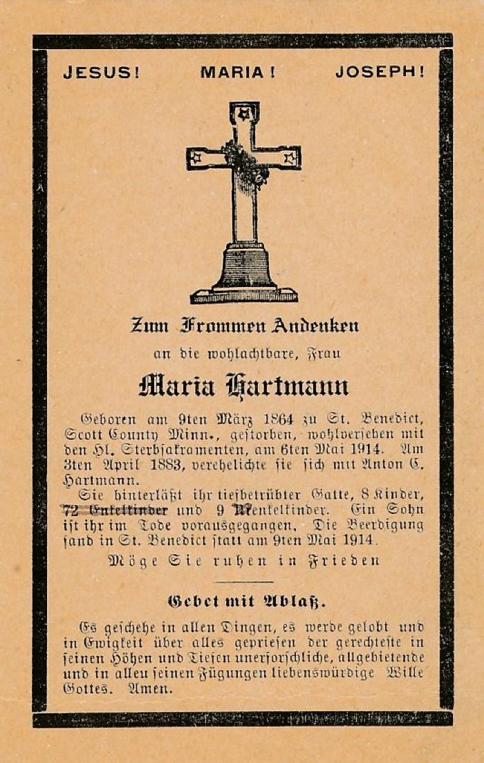 Funeral Prayer Card for Maria Hartmann, St. Benedict, 1914