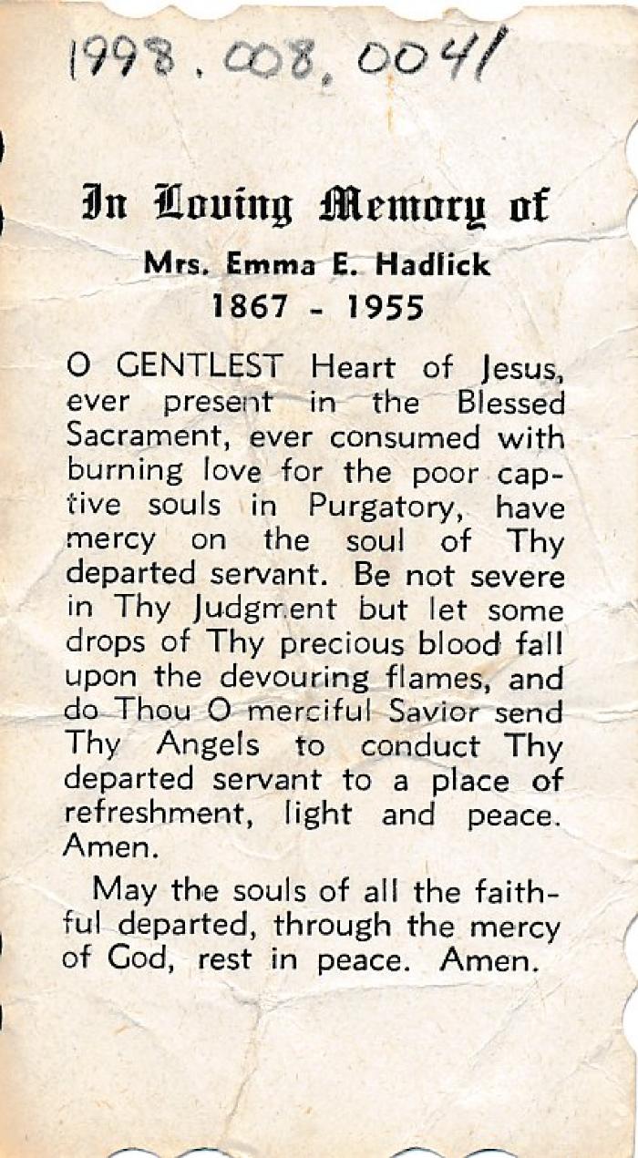 Funeral Prayer Card for Emma E. Hadlick, 1955