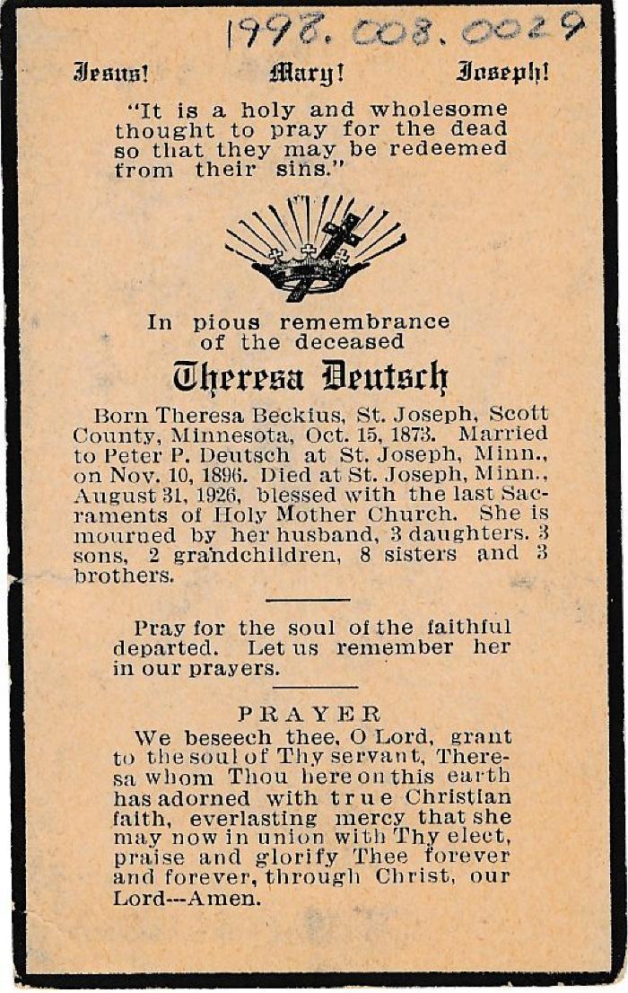 Funeral Prayer Card for Theresea Beckius Deutsch, St. Joseph, 1926