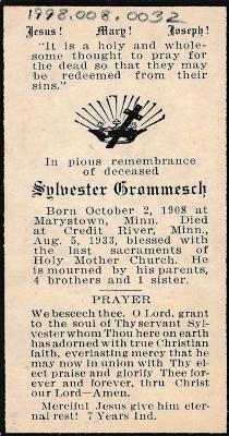 Funeral Prayer Card for Sylvester Grommesch, Marystown-Credit River, 1933