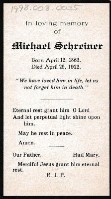 Funeral Prayer Card for Michael Schreiner, 1922
