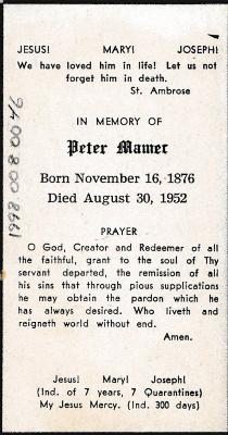 Funeral Prayer Card for Peter Mamer, 1952