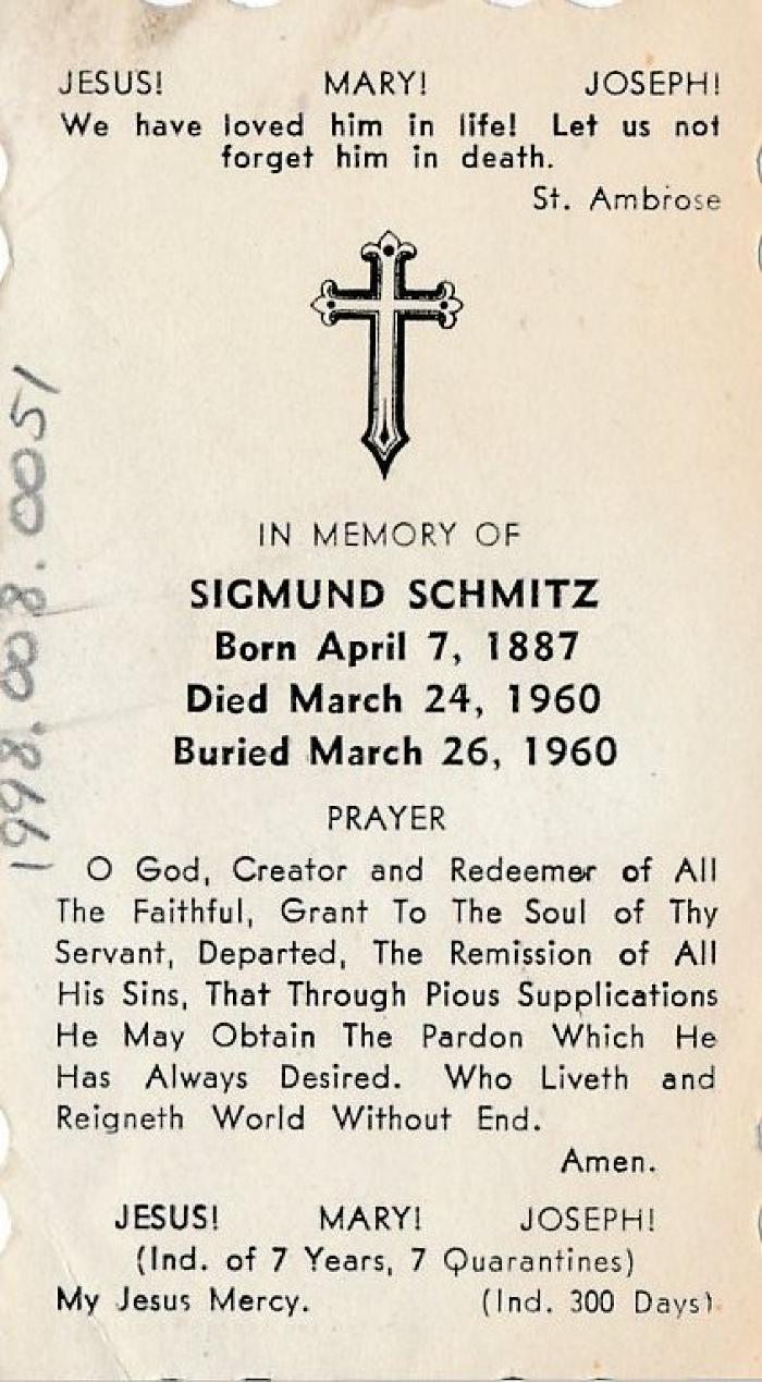 Funeral Prayer Card for Sigmund Schmitz, 1960