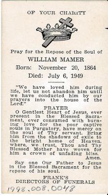 Funeral Prayer Card for William Mamer, 1949