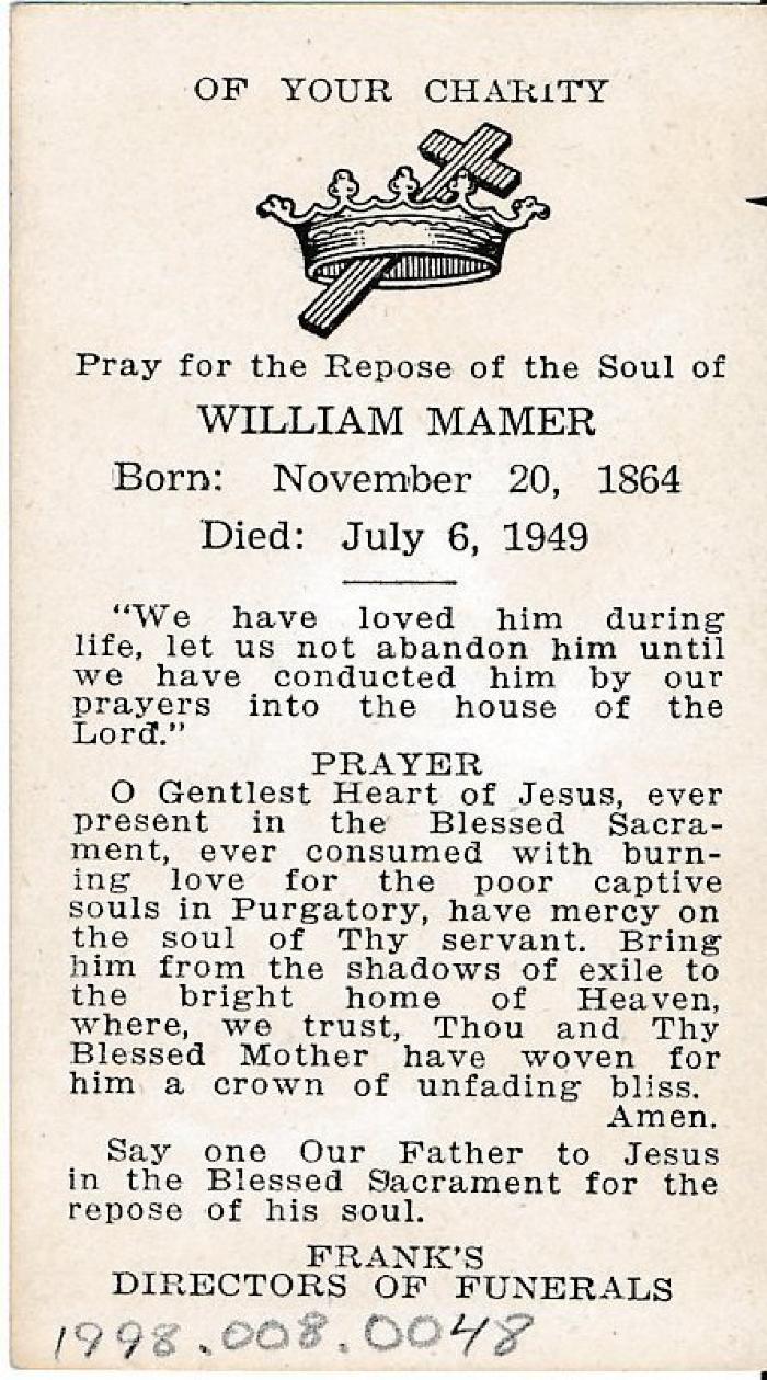 Funeral Prayer Card for William Mamer, 1949